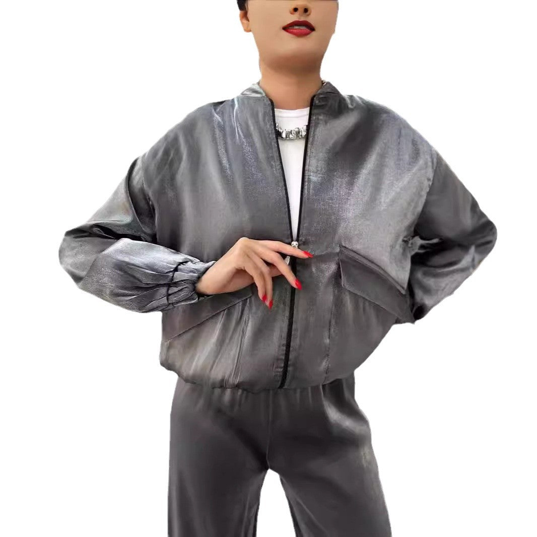 1Drawstring Long Pants Flight Jacket Two-Piece Set