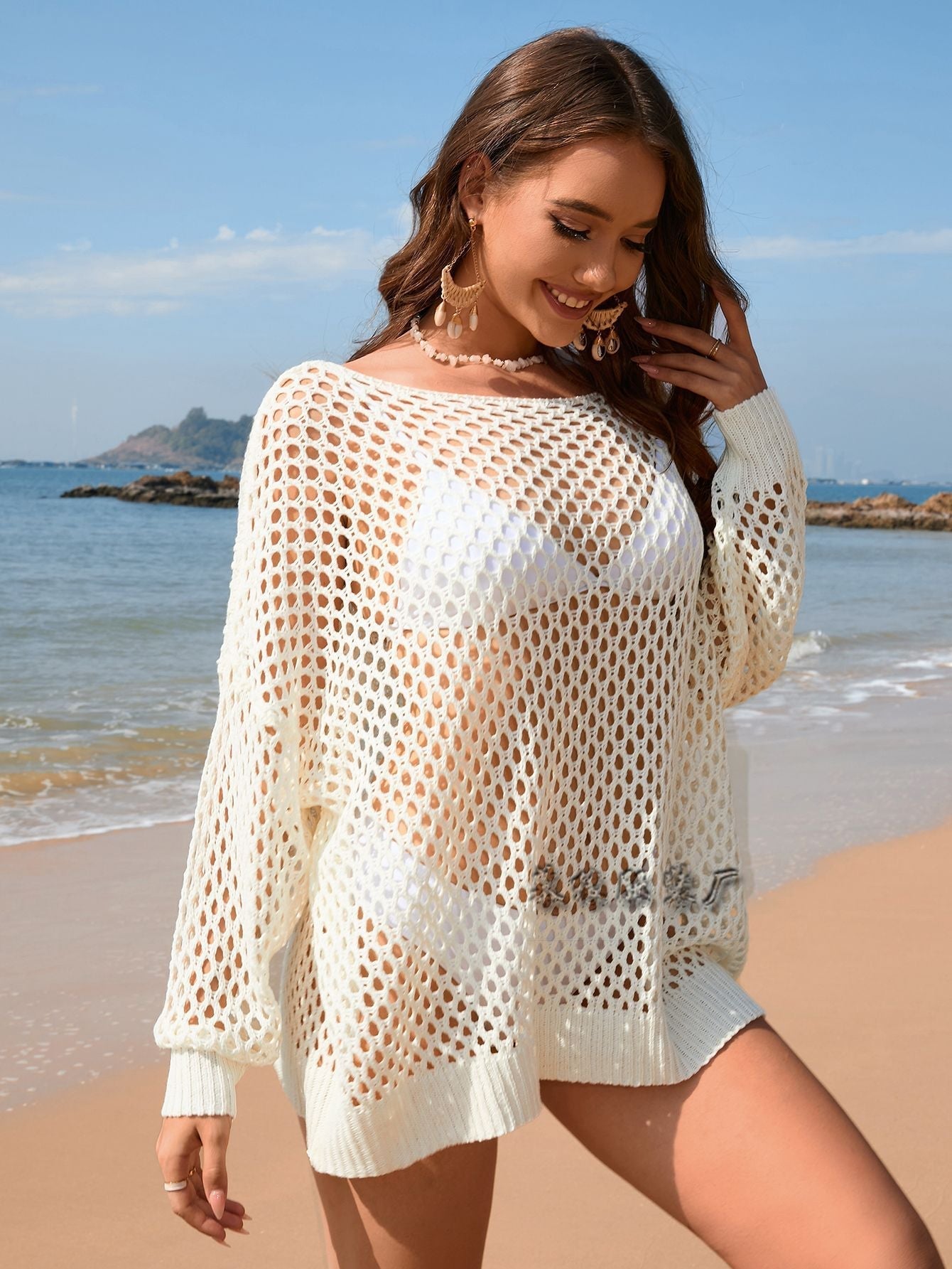 WOLFF | Einfarbiger Hohlrundhals-Strick-Bikini-Mantel