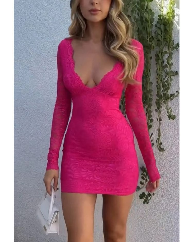 WOLFF | Pendeln Pullover V-Ausschnitt Spitze Lang Kleid