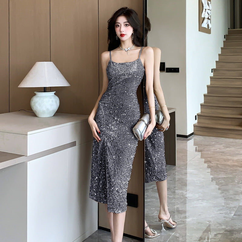 WOLFF | Spaghetti-Träger Heller Glänzender Leichter Luxus Abendkleid
