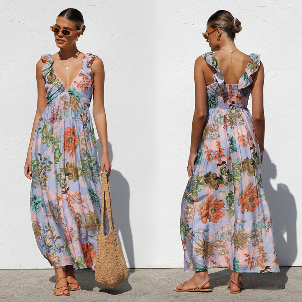 1Printed Lace Strap Vacation Beach Dress