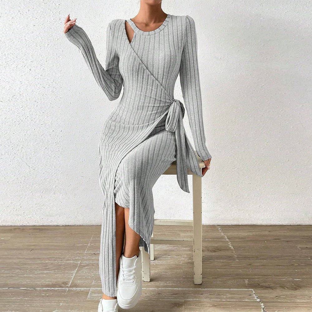WOLFF | Strickgraues asymmetrisches langes Rockkleid