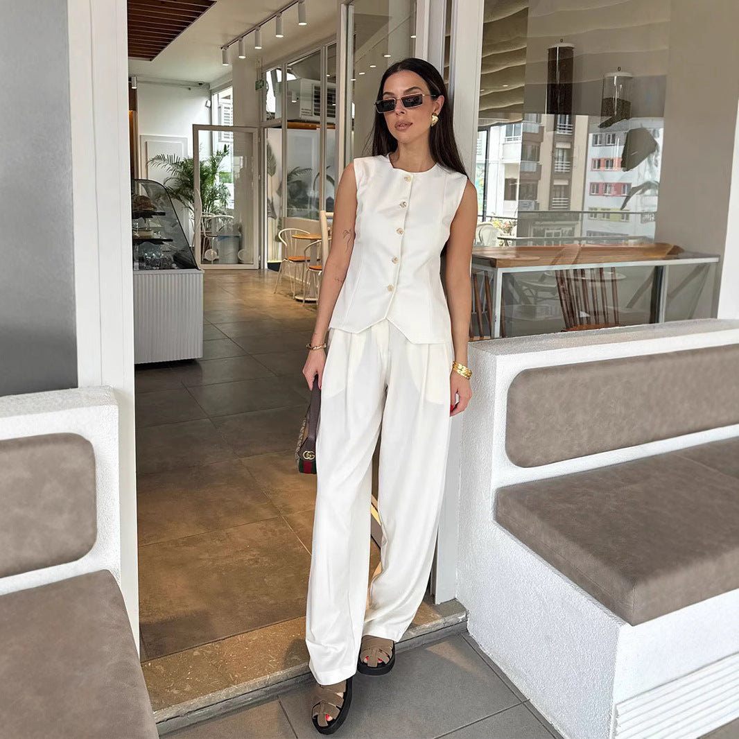 1Buttoned Vest Suit Long Pants Two-Piece Set