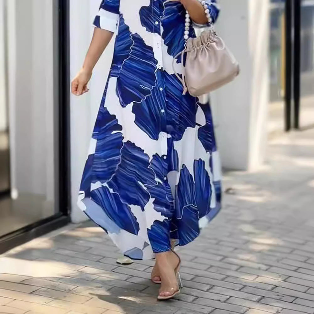 WOLFF | Lässiges locker sitzendes bedrucktes Langarm-Resort-Hemd-Kleid