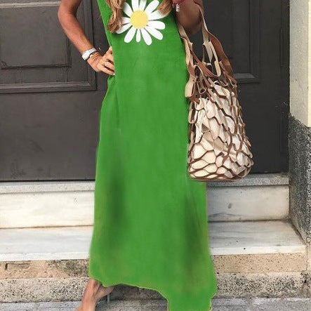1Summer Chrysanthemum Print V-Neck Long Dress
