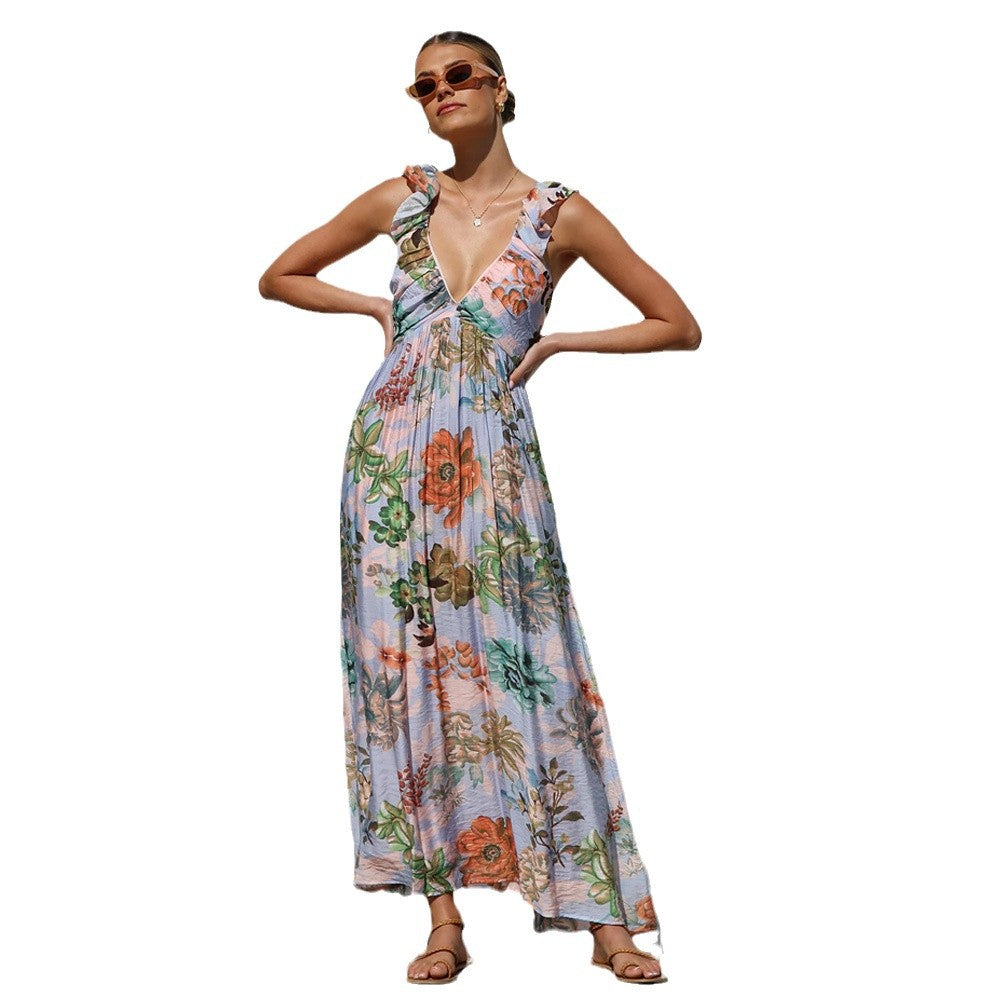 1Printed Lace Strap Vacation Beach Dress