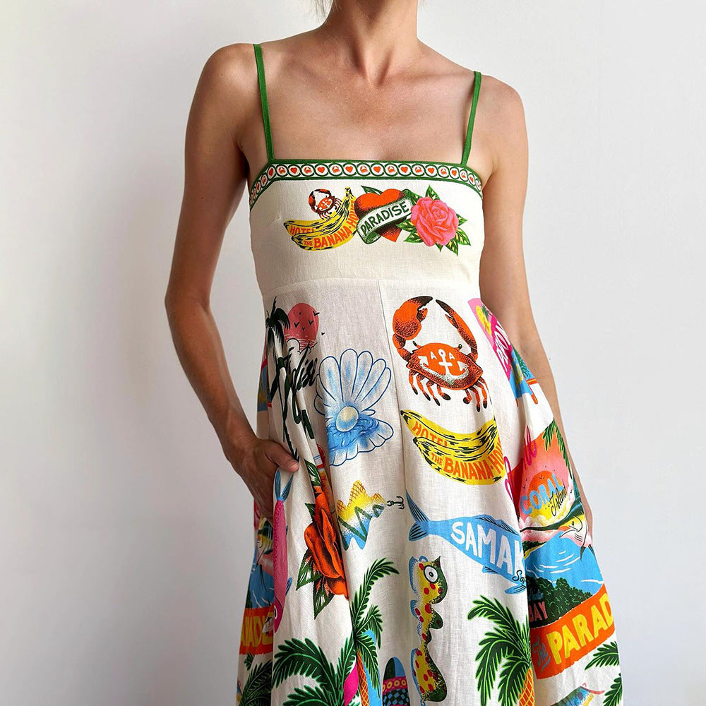 1Summer Sexy Printed Spaghetti Strap Holiday Long Dress