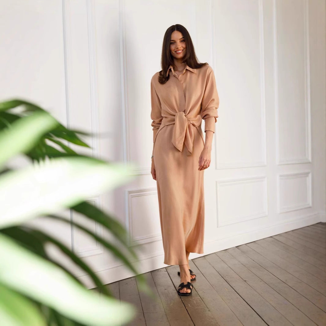 1High-Split Long Sleeve Shirt Mid-Length Skirt Set