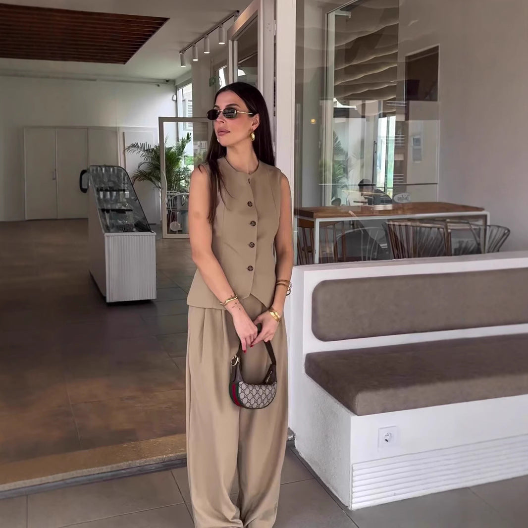 1Buttoned Vest Suit Long Pants Two-Piece Set