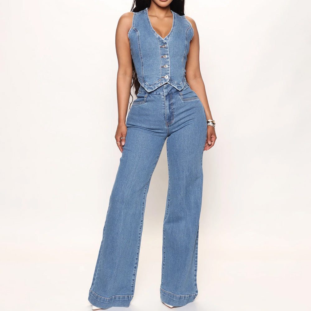 Sleeveless single-breasted denim-washed vest
