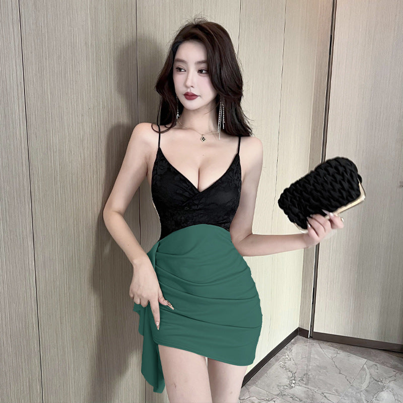 WOLFF | Tief ausgeschnittenes Color-Blocking Spaghetti-Träger Bodycon Kleid