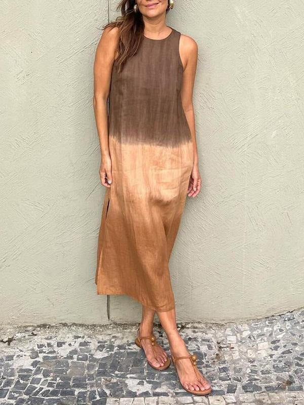 WOLFF | Baumwolle Leinen Ärmelloses Schlitz Gradient Kleid