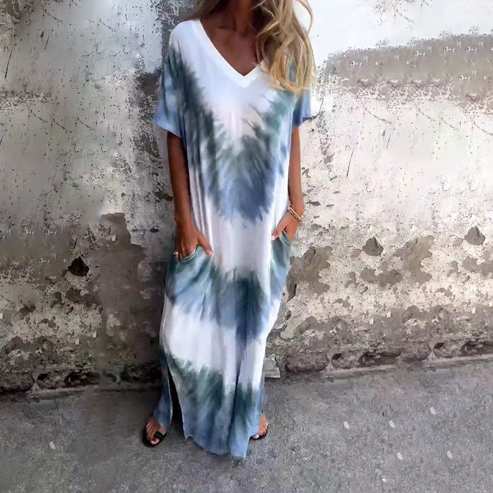 WOLFF | Tie-Dye Kurzarm V-Ausschnitt Kleid