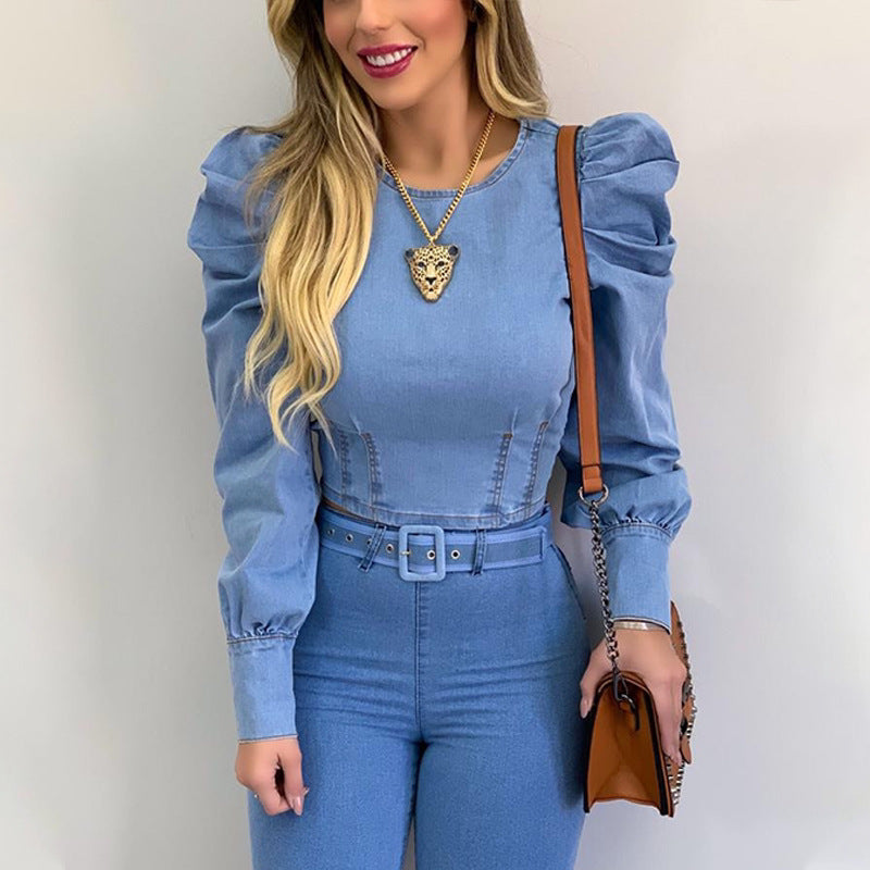 WOLFF | Denim Slim Fit Puff Sleeve Crop Top