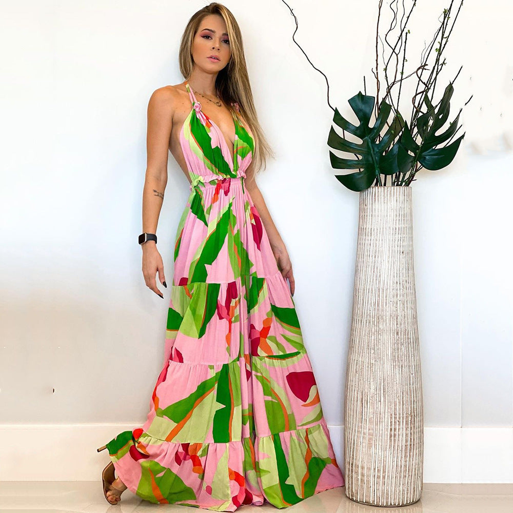 WOLFF | Rückenfreies Bohemian Blumennetz-Spaghetti-Träger Langkleid