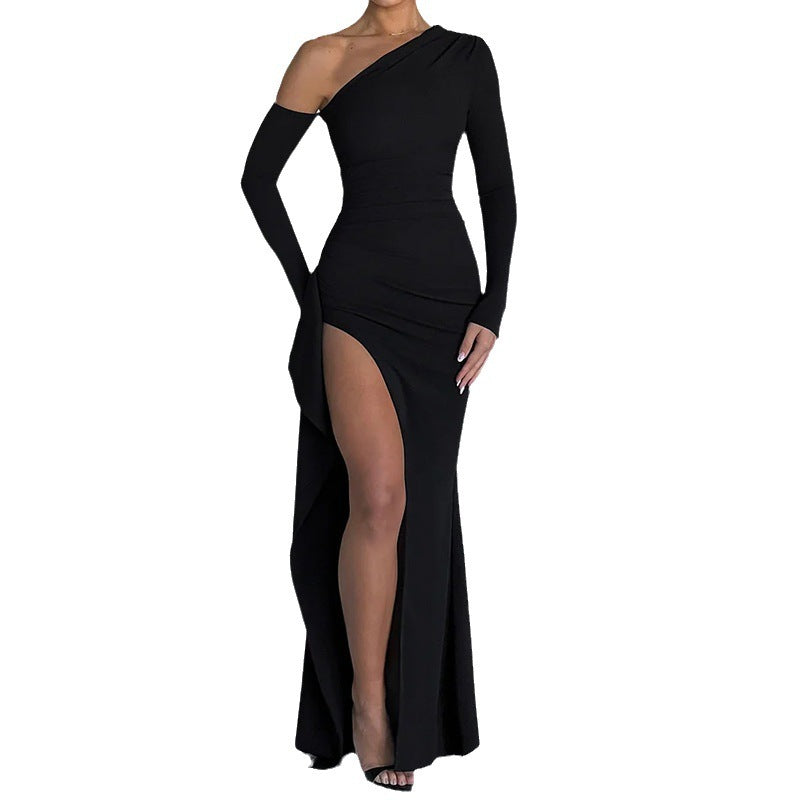 WOLFF | Minimalistisches Einfaches Farb Schlitz Maxi Kleid