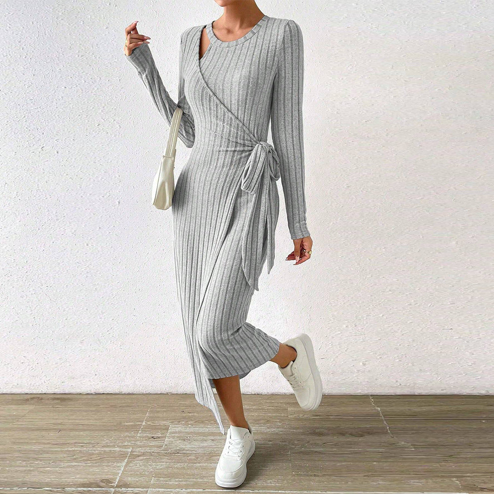 WOLFF | Strickgraues asymmetrisches langes Rockkleid