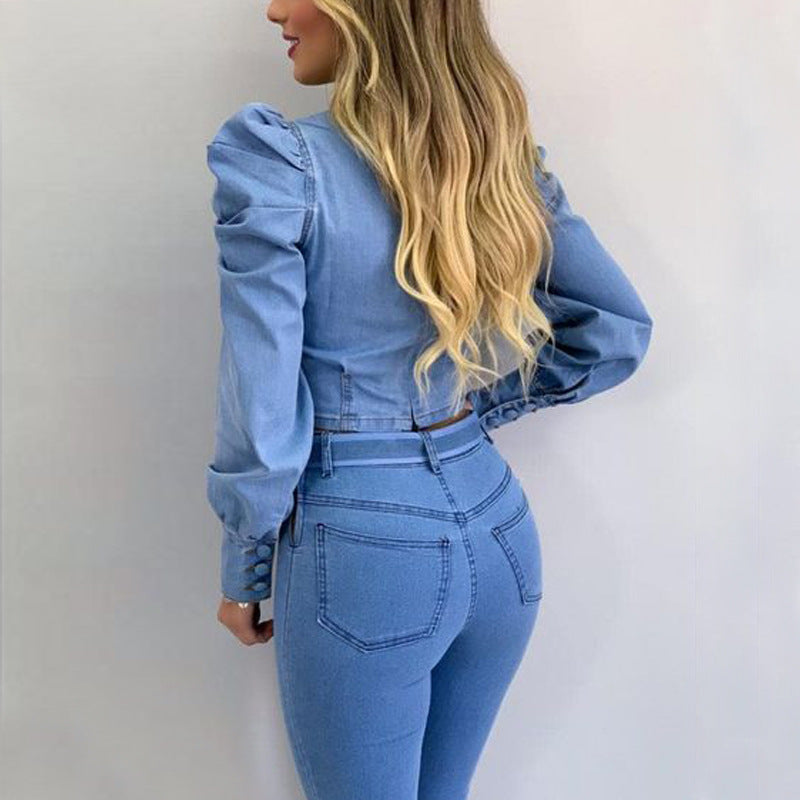 WOLFF | Denim Slim Fit Puff Sleeve Crop Top
