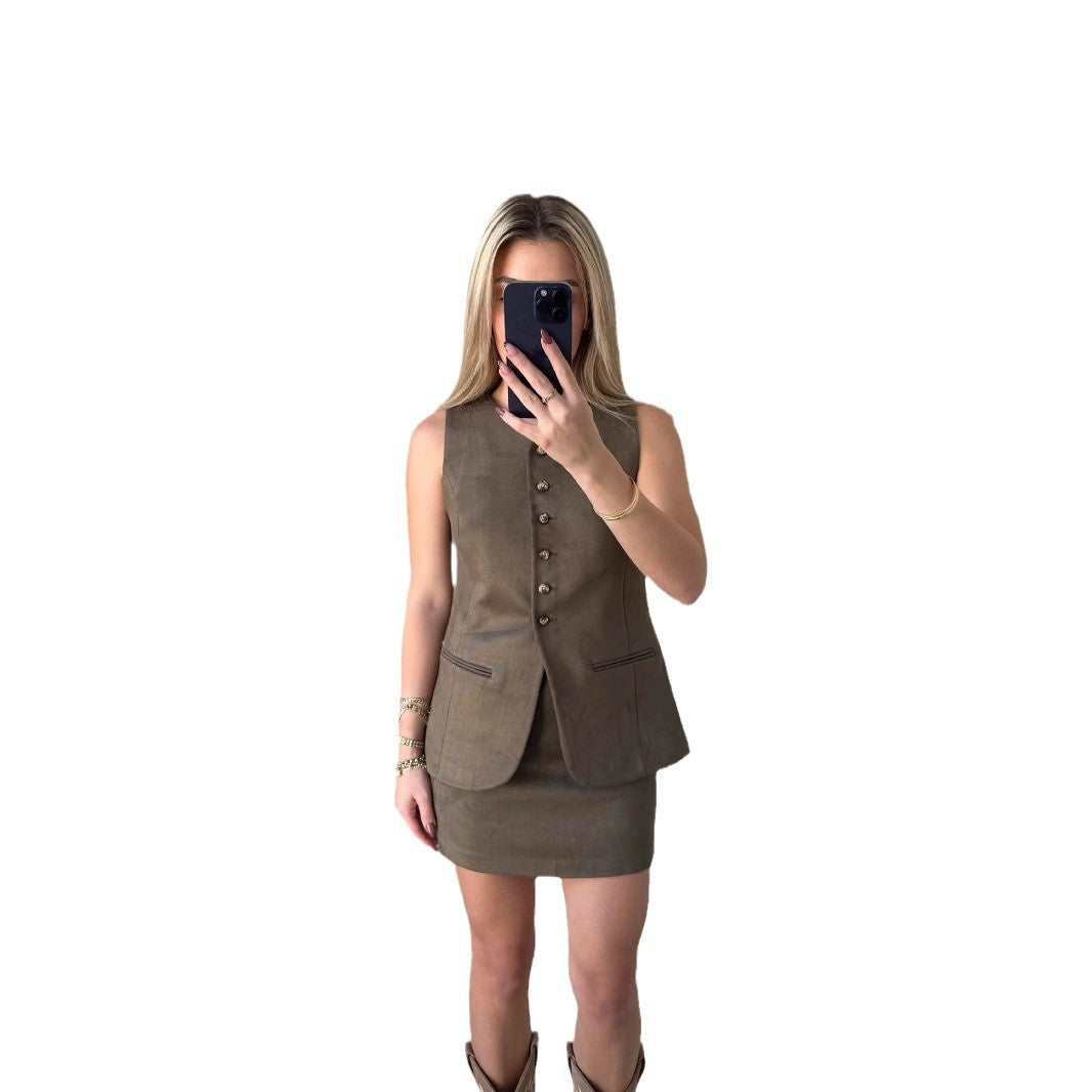 1Single-Breasted Fitted Vest Bodycon Skirt Two-Piece Set