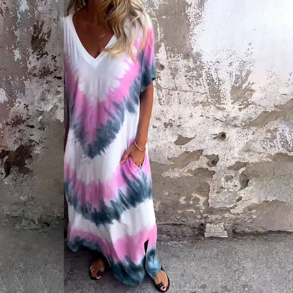 WOLFF | Tie-Dye Kurzarm V-Ausschnitt Kleid