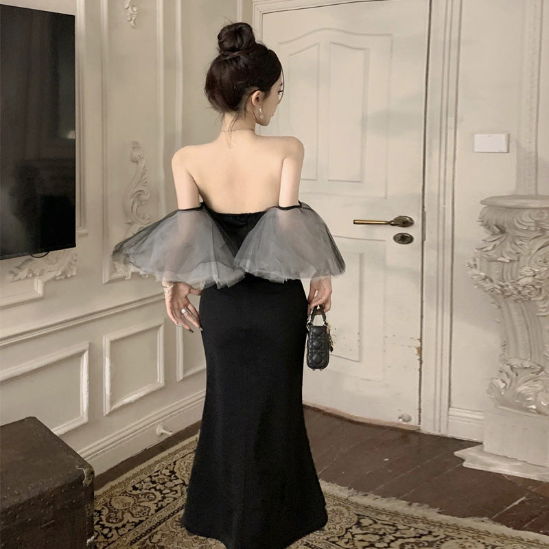 WOLFF | Flutter Ärmel Fishtail Strapless Kleid