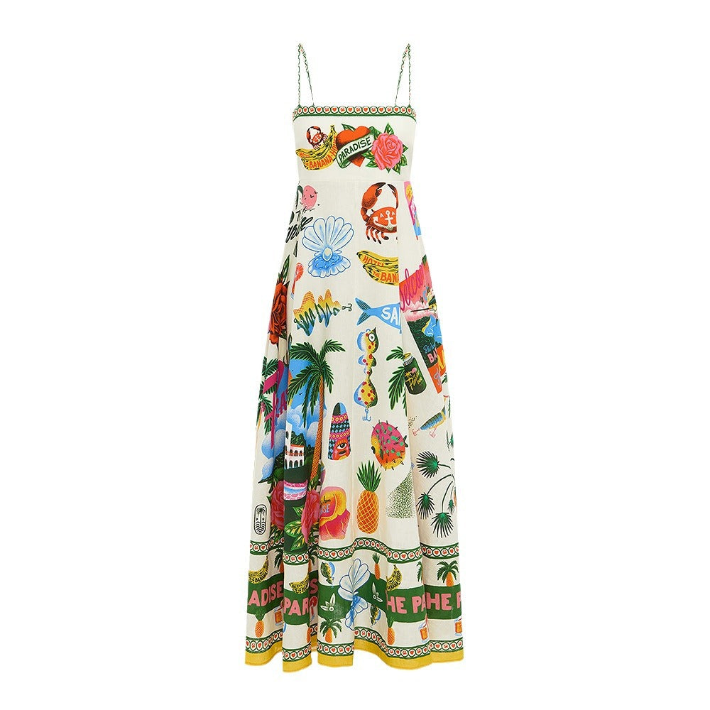 1Summer Sexy Printed Spaghetti Strap Holiday Long Dress