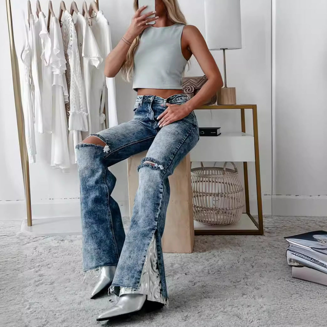 WOLFF | Hoch taillierte gewaschene zerrissene gerade Jeans