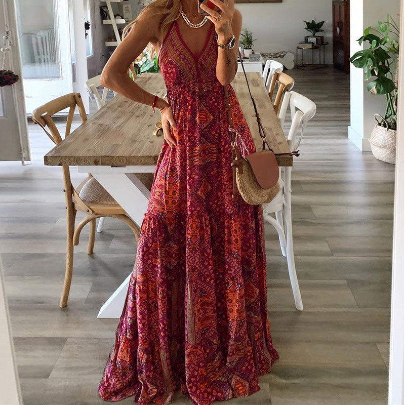 WOLFF | Hoch tailliertes V-Ausschnitt gedrucktes florales langes Kleid