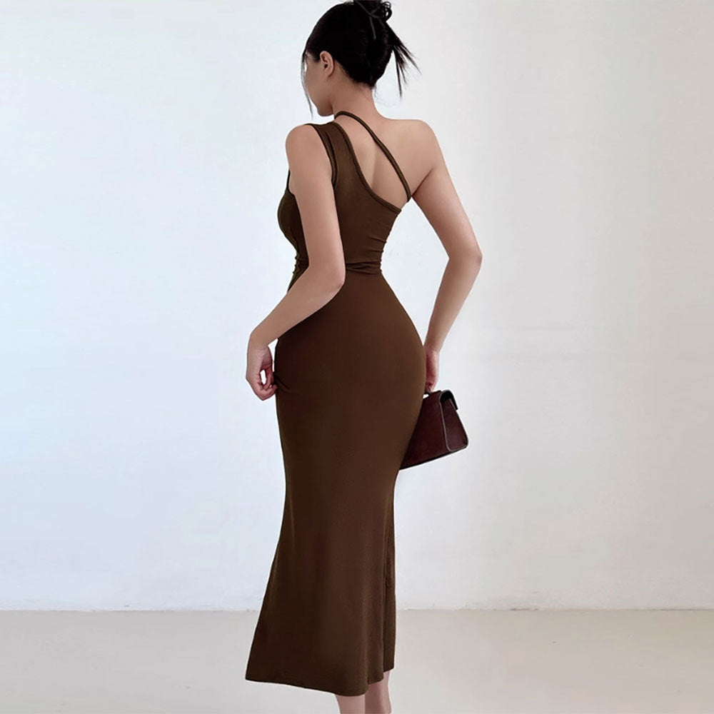 1Asymmetrical Neckline Ankle-Length Dress