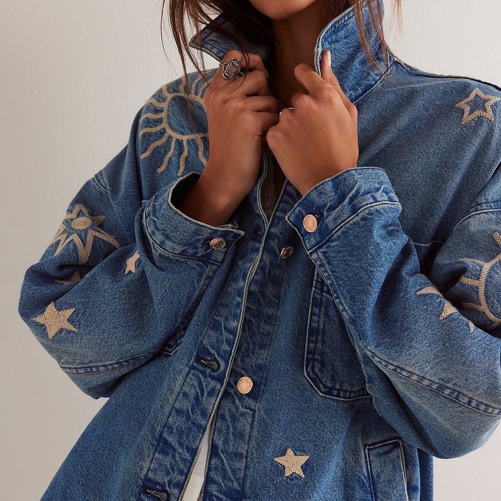 1Loose Casual Distressed Embroidered Denim Jacket
