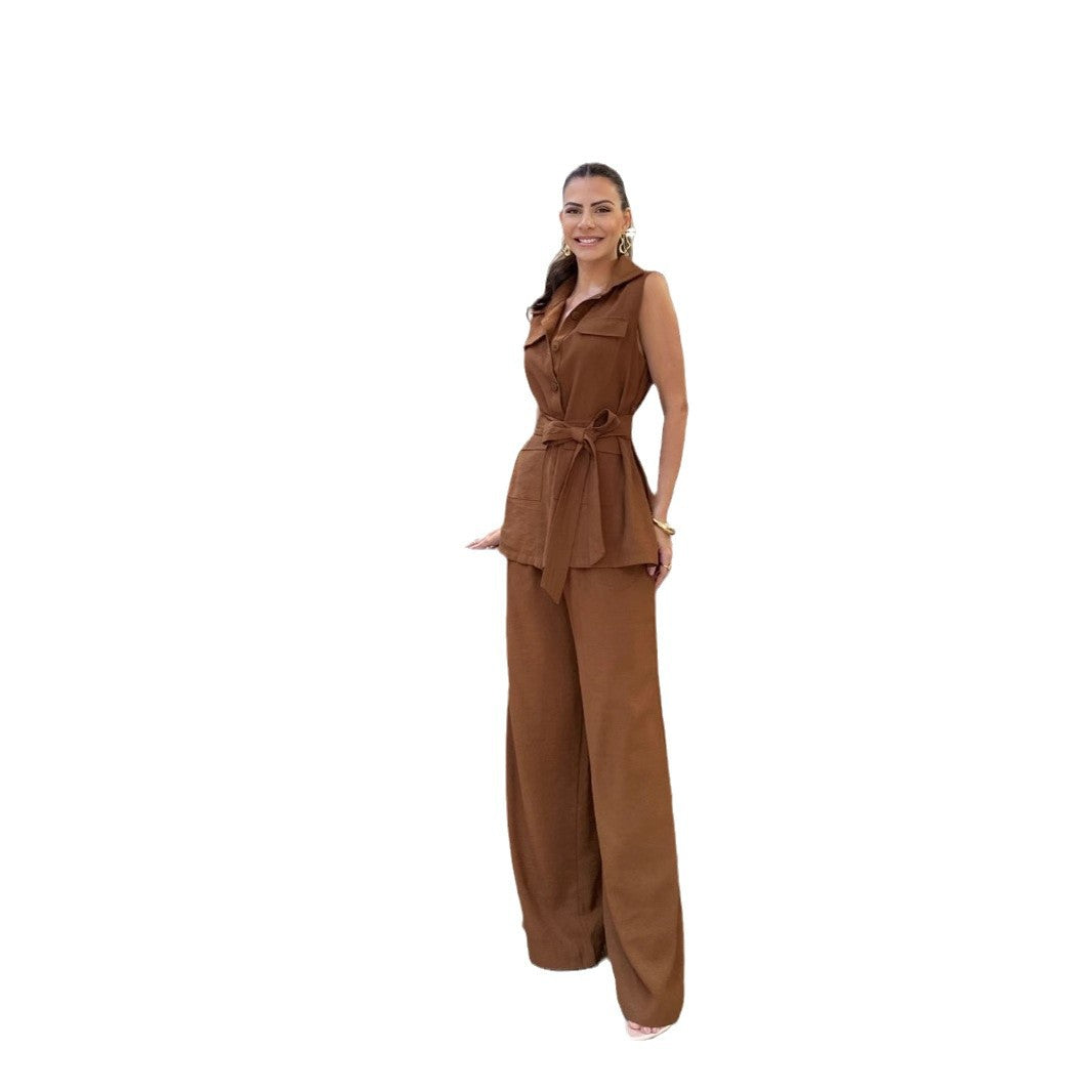 1Shirt Collar Tie Top High-Waisted Long Pants