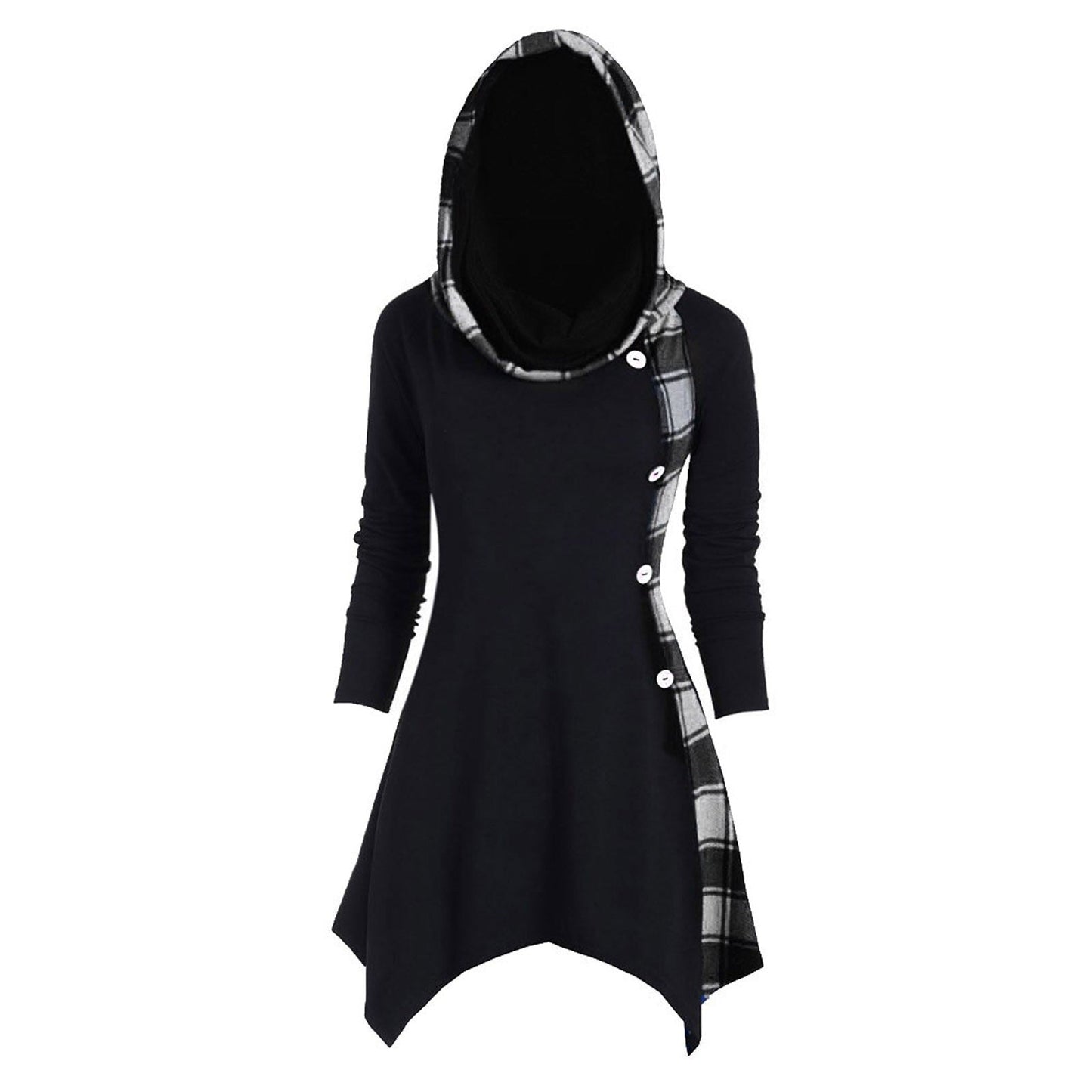 WOLFF | Farbe Block Karierter Kapuzen-Diamantsaum Midi Kleid