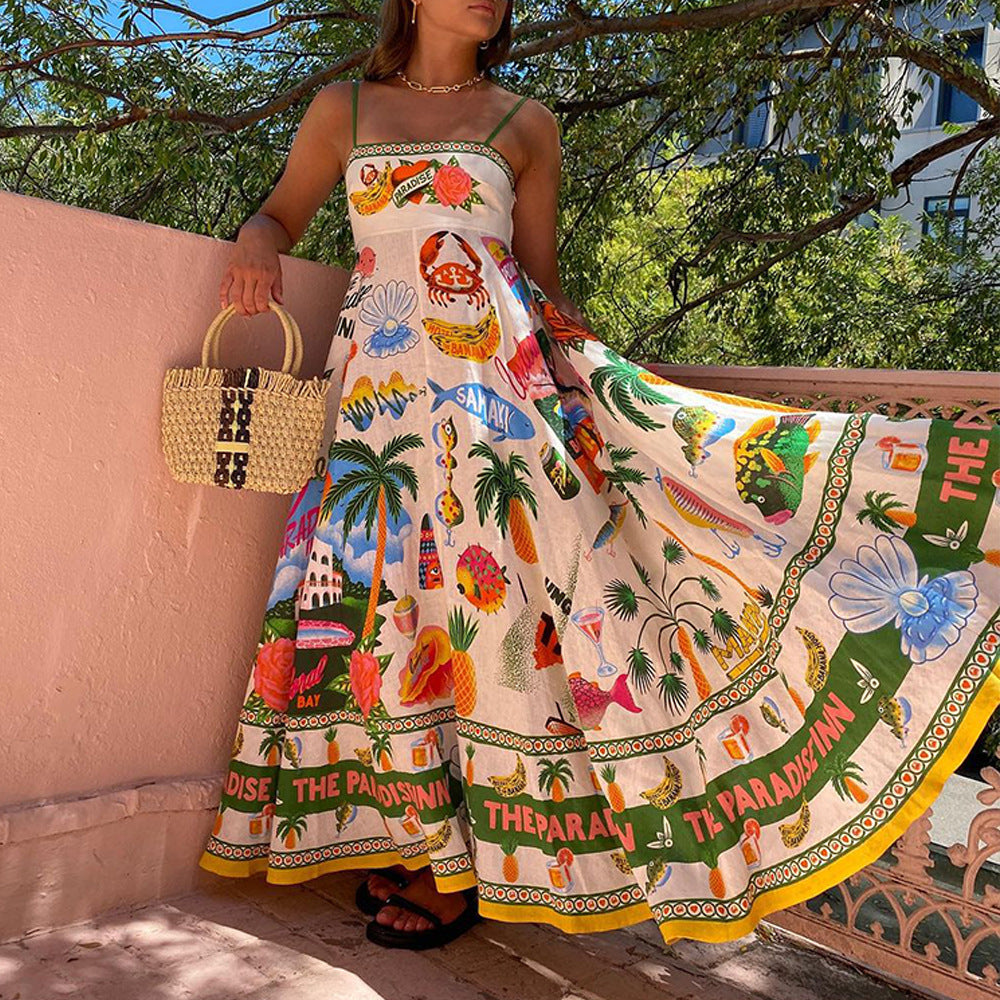 1Summer Sexy Printed Spaghetti Strap Holiday Long Dress