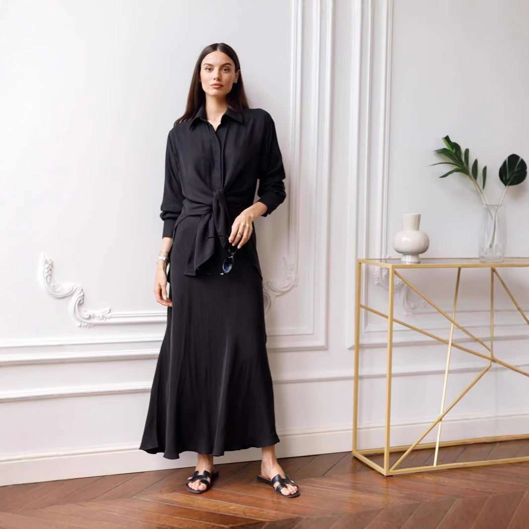 1High-Split Long Sleeve Shirt Mid-Length Skirt Set