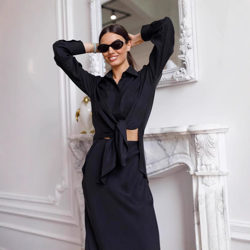 1High-Split Long Sleeve Shirt Mid-Length Skirt Set