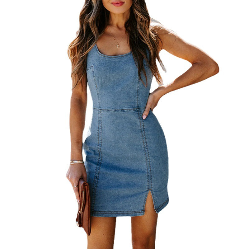 1Tight Backless Bodycon Denim Skirt Dress