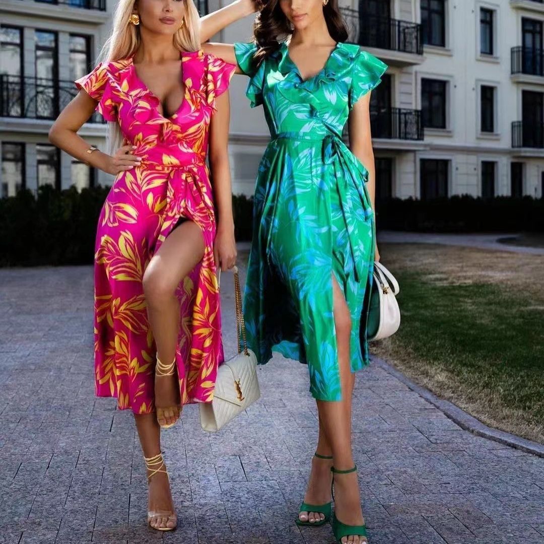 WOLFF | V-Ausschnitt Puffärmel Blätter Taille Hoher Schlitz Kleid