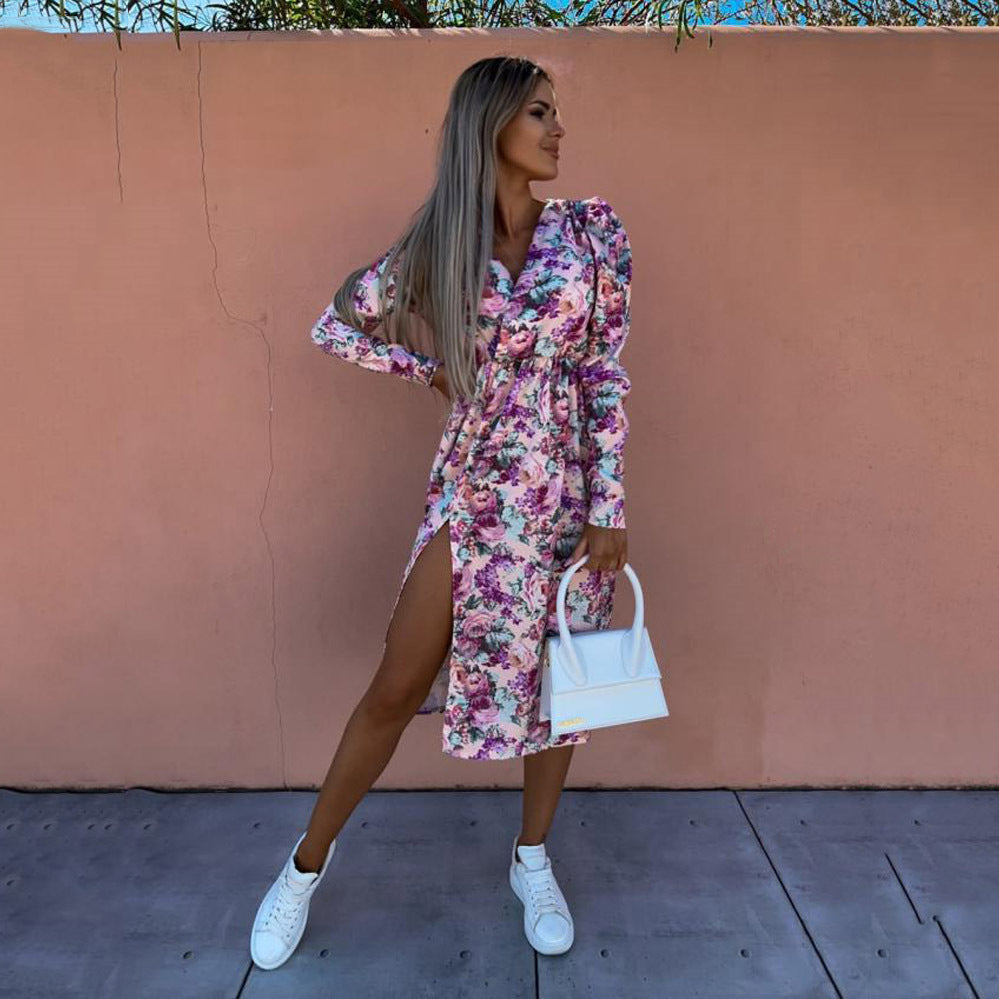 1Printed Waist-Cinched Mid-Sleeve Dress