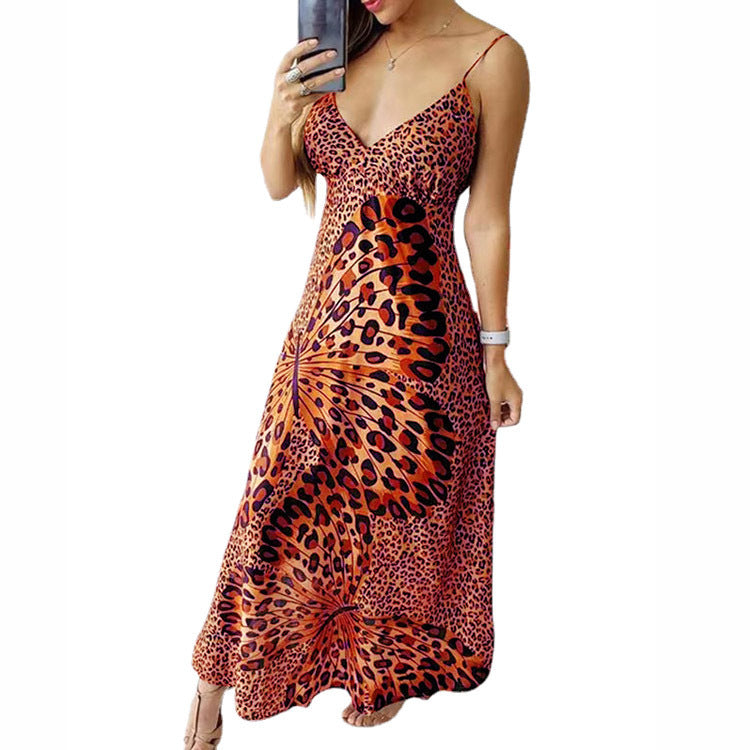 WOLFF | Leopard-Print-Schmetterlingsmuster-V-Ausschnitt-Ärmelloses-Basiskleid