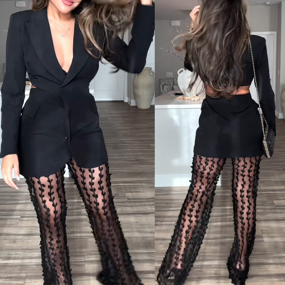 1Waist Revealing Coat Suit Lace Pants Set