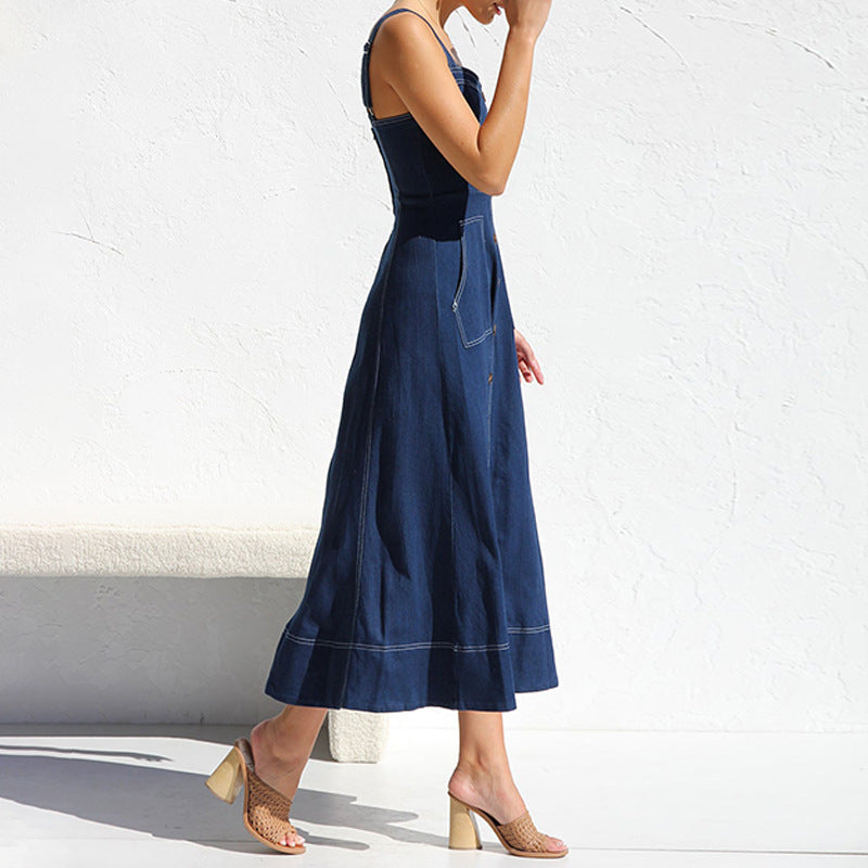 WOLFF | Vintage Button Denim Kleid mit Spaghettiträgern