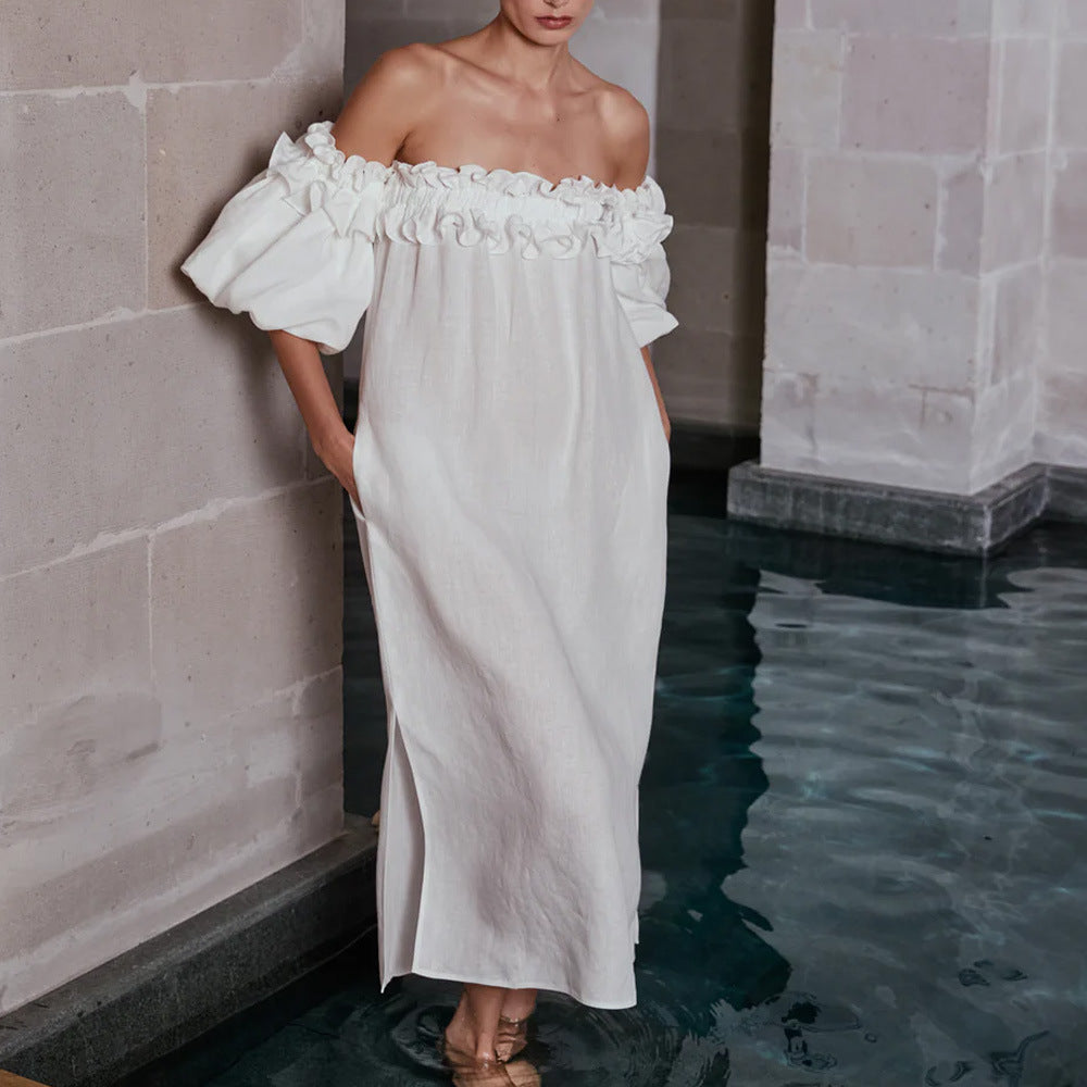 WOLFF | Puff-Ärmel Spitze Strandkleid mit Off-Shoulder-Design