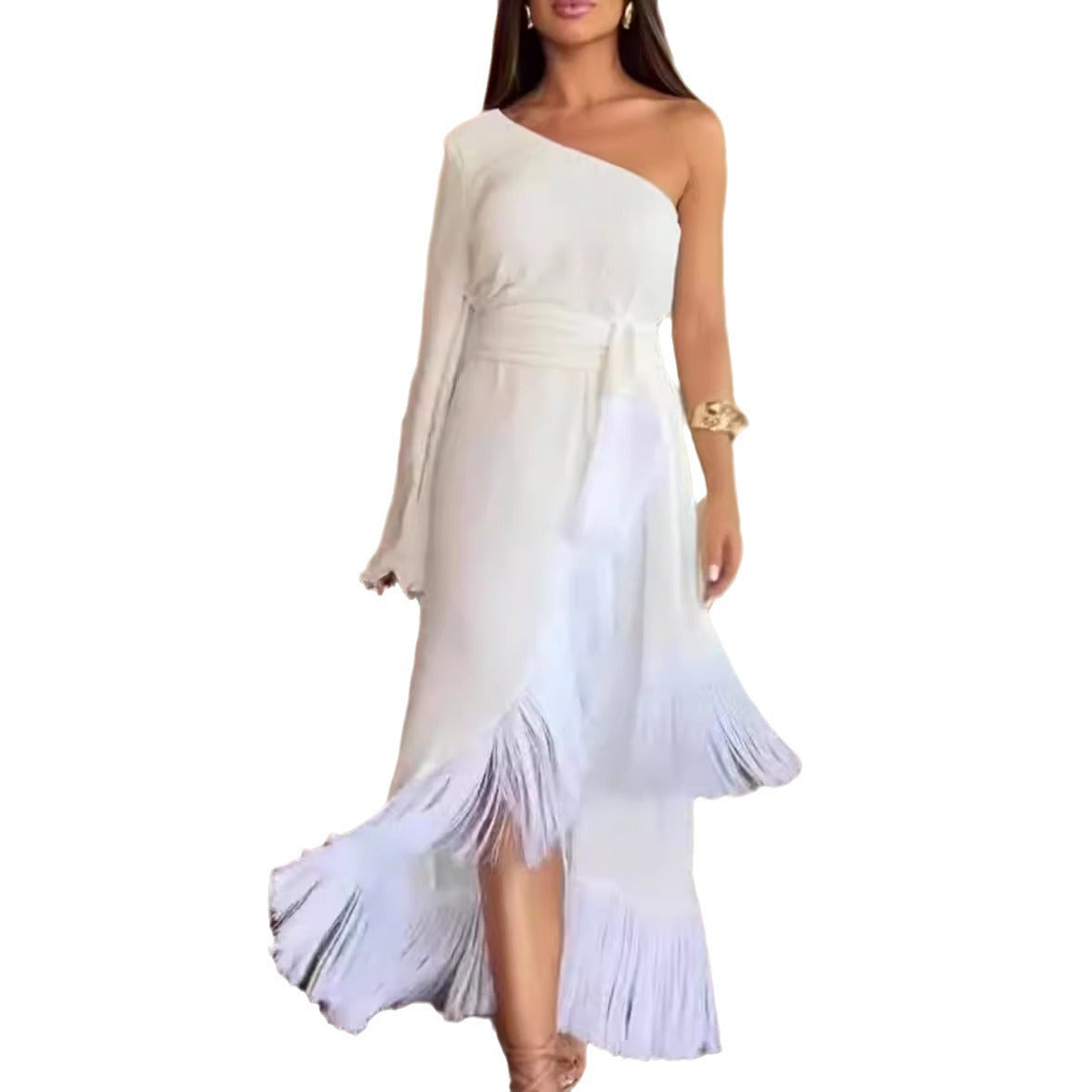 WOLFF | Einfarbiges Fransenabendkleid mit vollem Saum