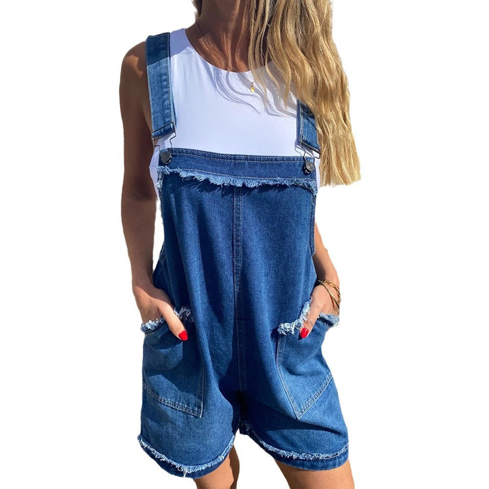 WOLFF | Gwaschtes Denim Einstellbarer Träger Overall Shorts Frühling