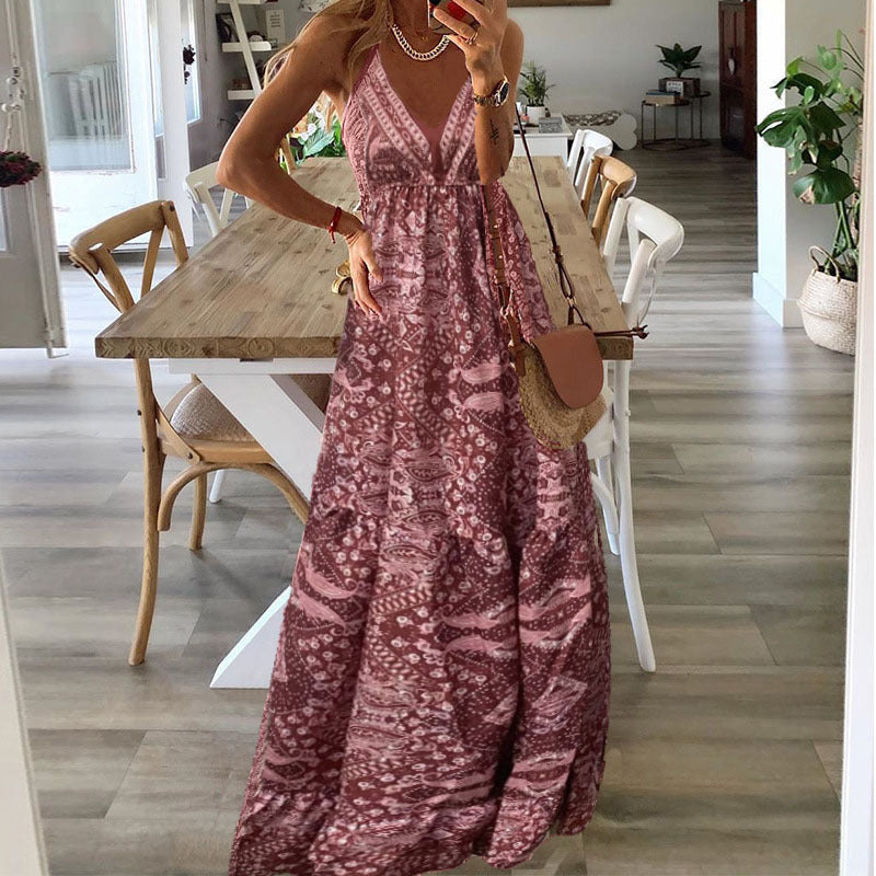 WOLFF | Hoch tailliertes V-Ausschnitt gedrucktes florales langes Kleid