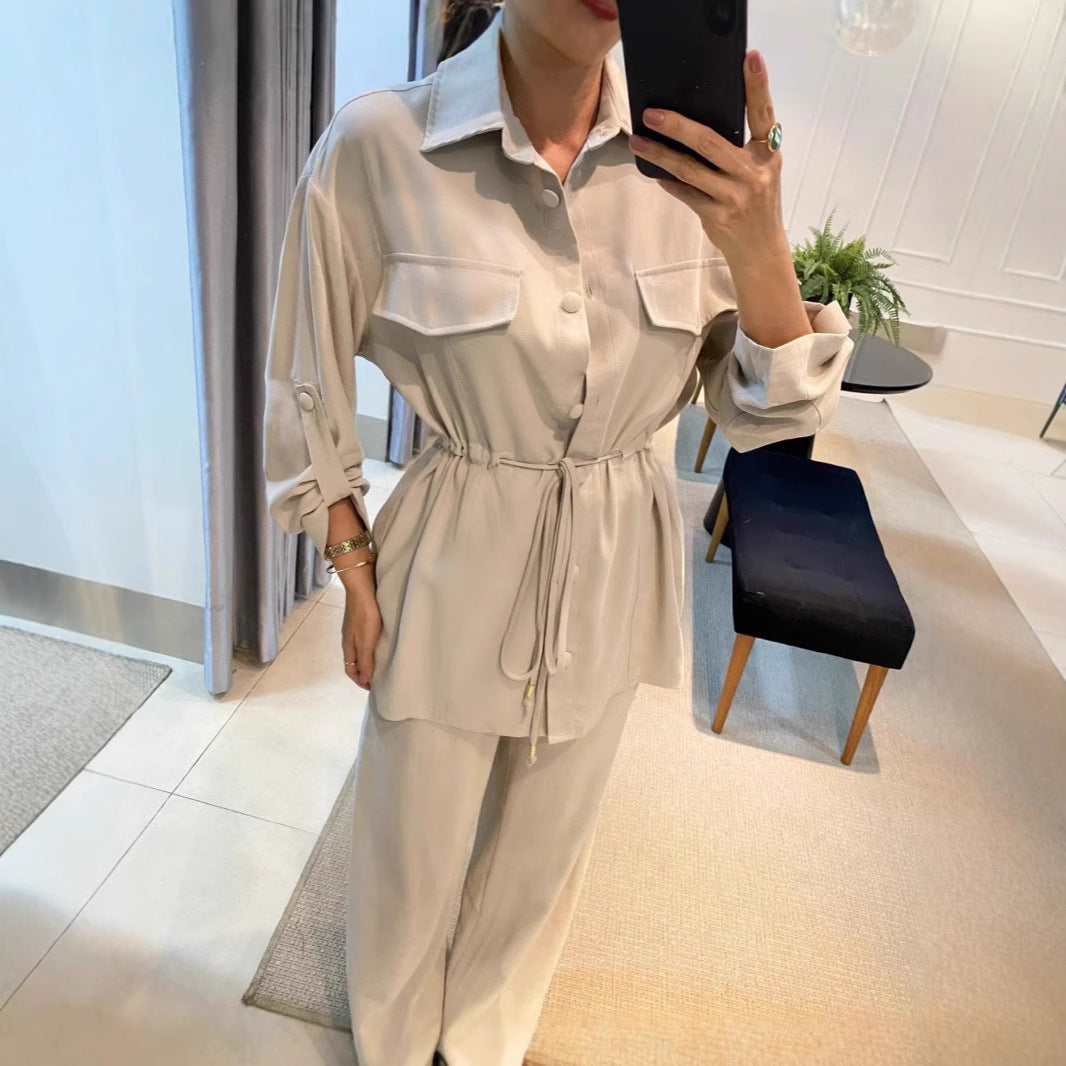 1Drawstring Long Sleeve Coat Long Pants Two-Piece Set