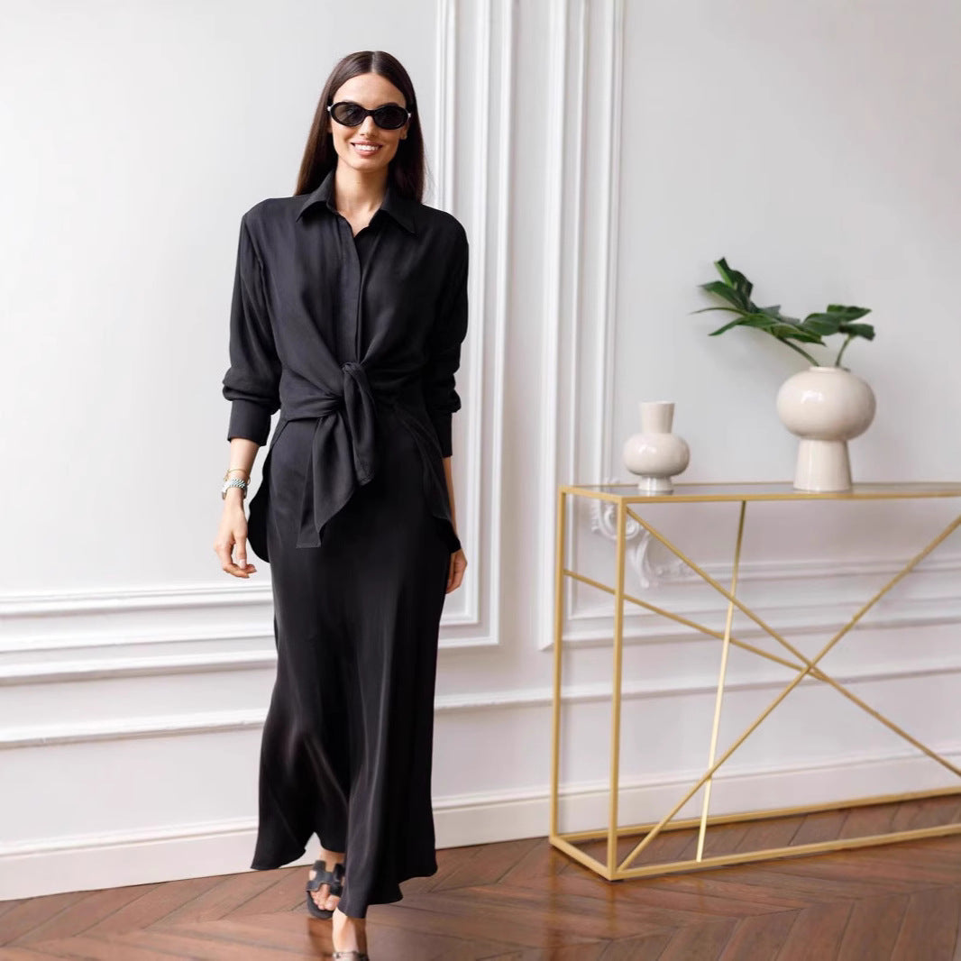 1High-Split Long Sleeve Shirt Mid-Length Skirt Set