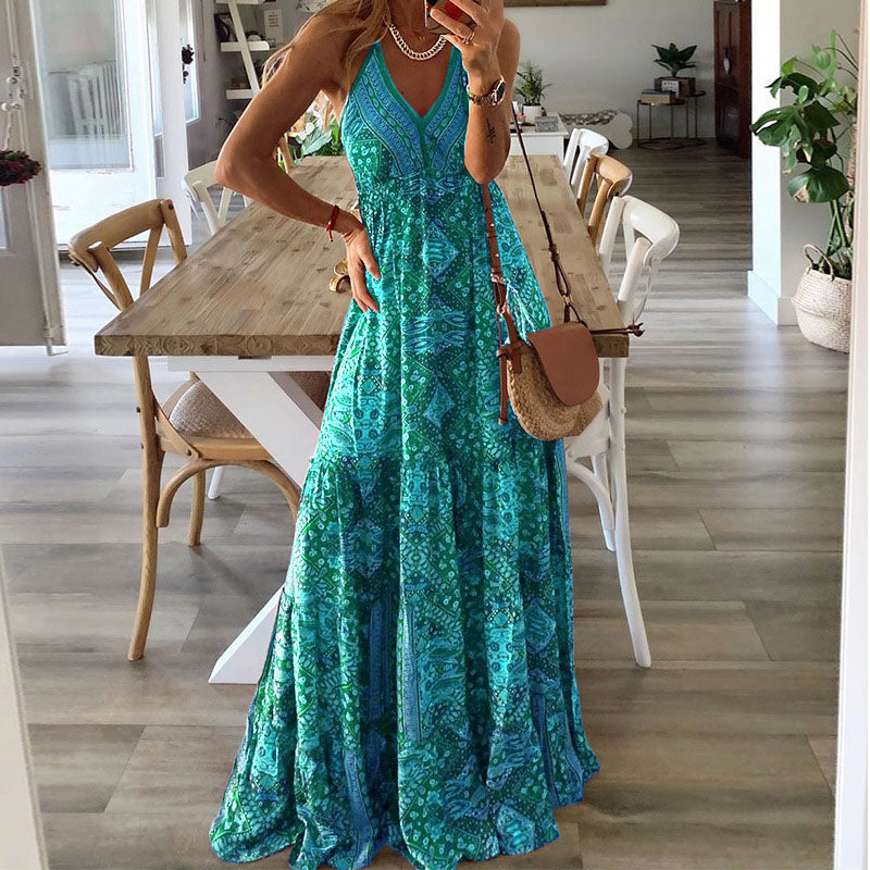 WOLFF | Hoch tailliertes V-Ausschnitt gedrucktes florales langes Kleid