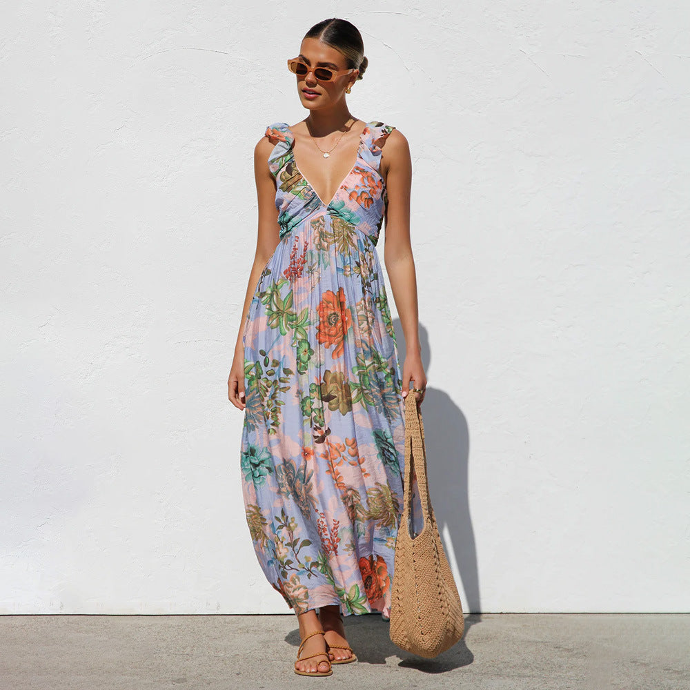 1Printed Lace Strap Vacation Beach Dress