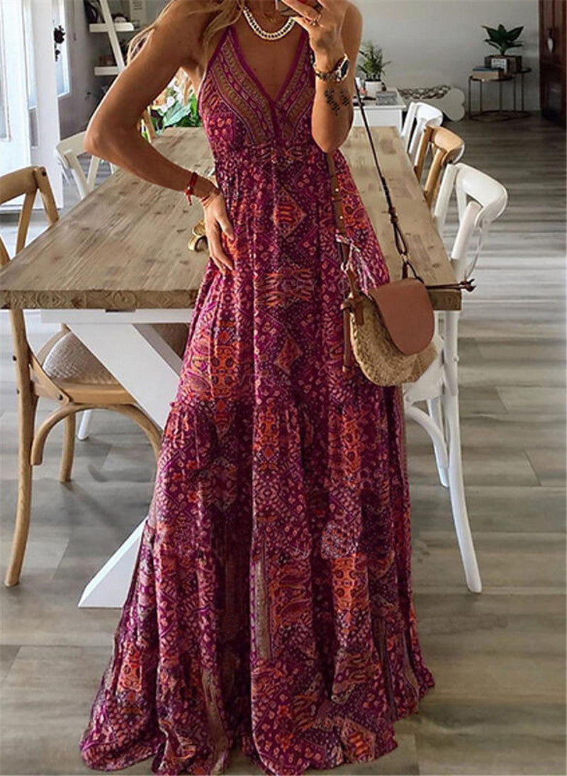 WOLFF | Hoch tailliertes V-Ausschnitt gedrucktes florales langes Kleid
